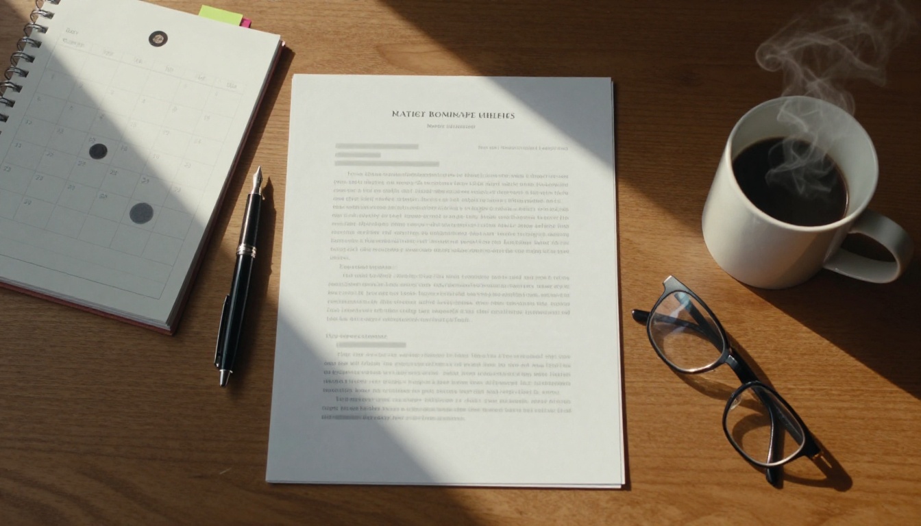 Overhead view of a lawyer's desk with printed pages, a wall calendar and a fountain pen