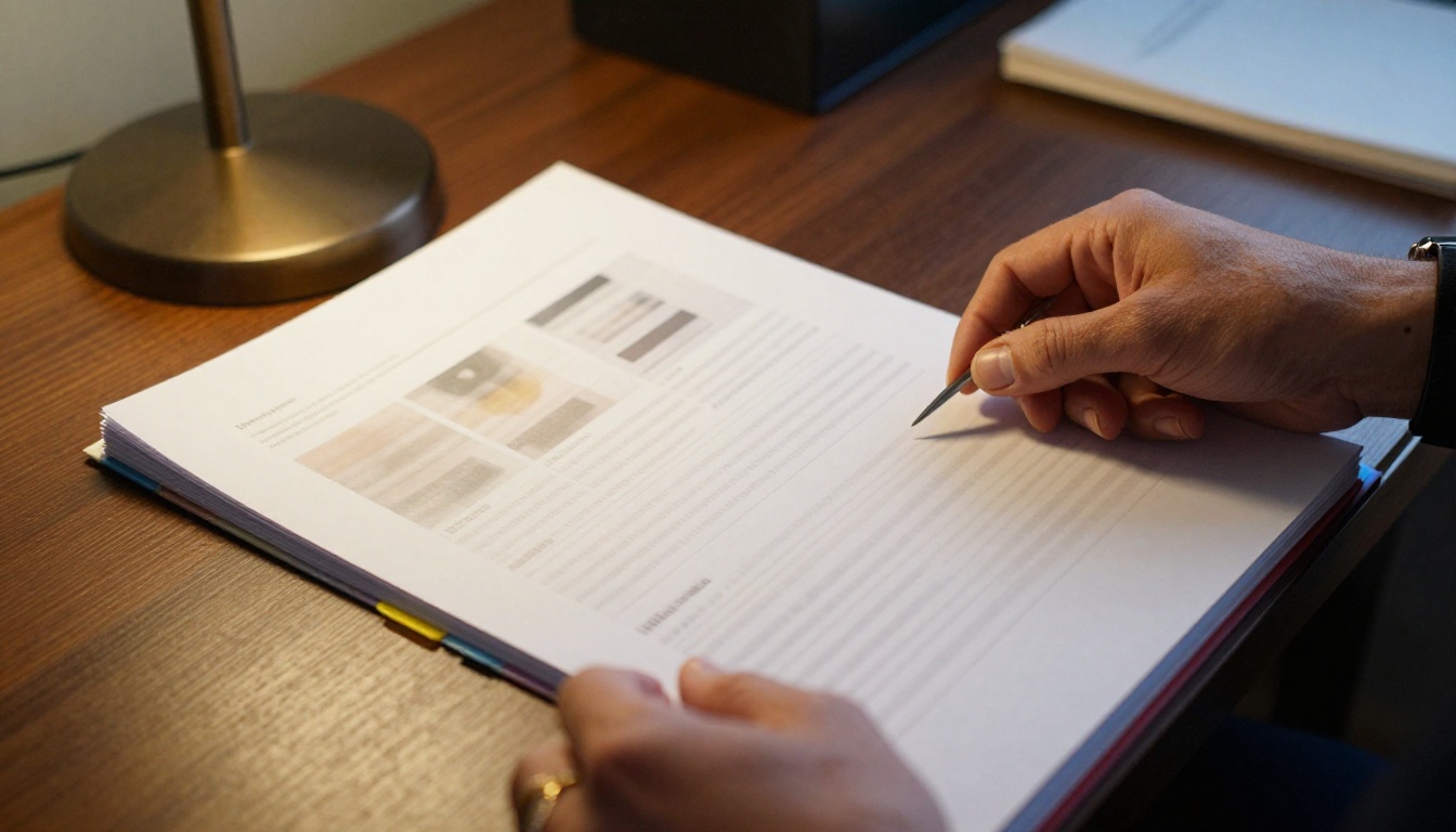 Close-up of a lawyer's hands turning pages in a binder of tabbed exhibits