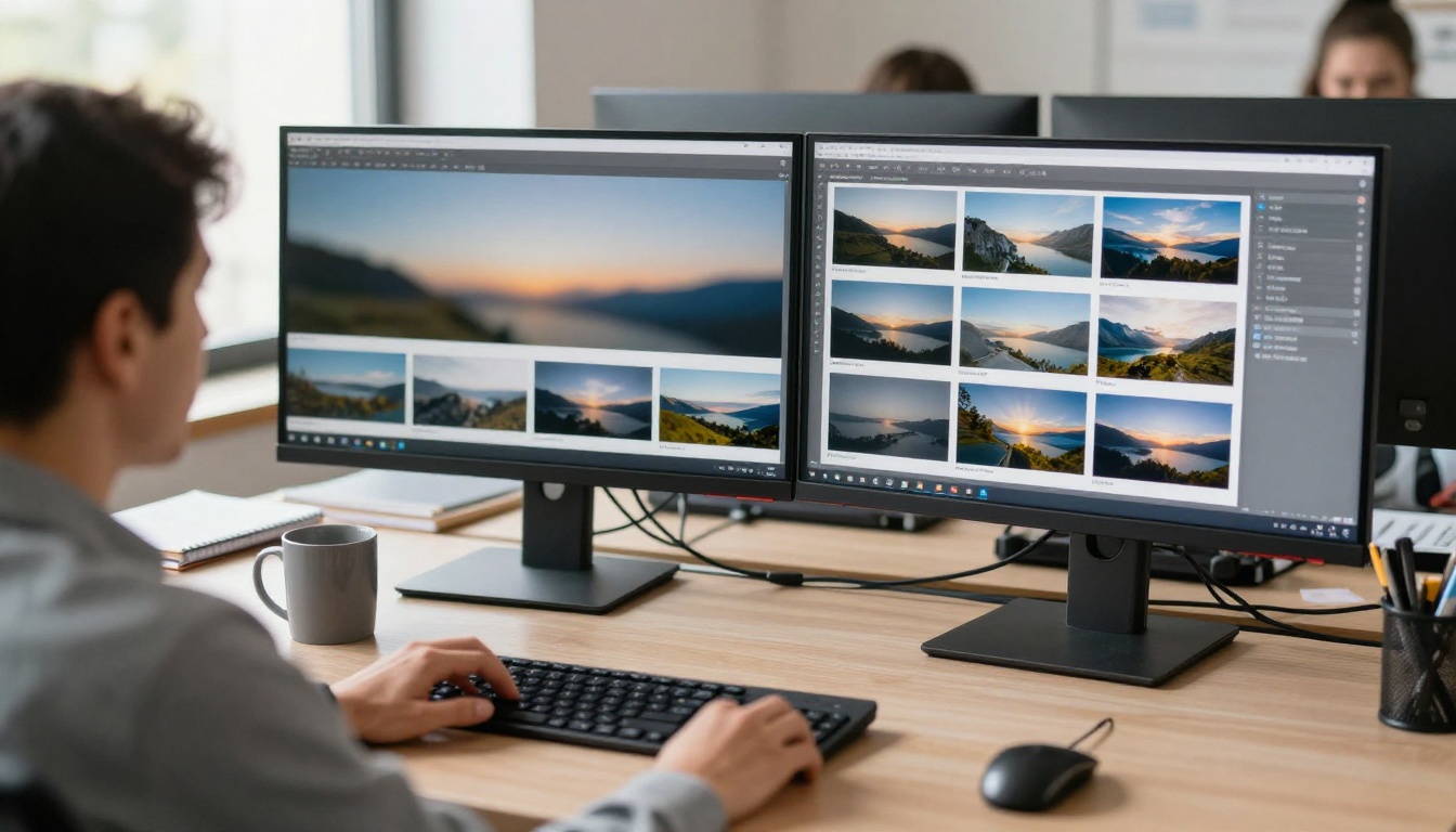 Researcher at a dual-monitor desk reviewing a grid of landscape photo thumbnails