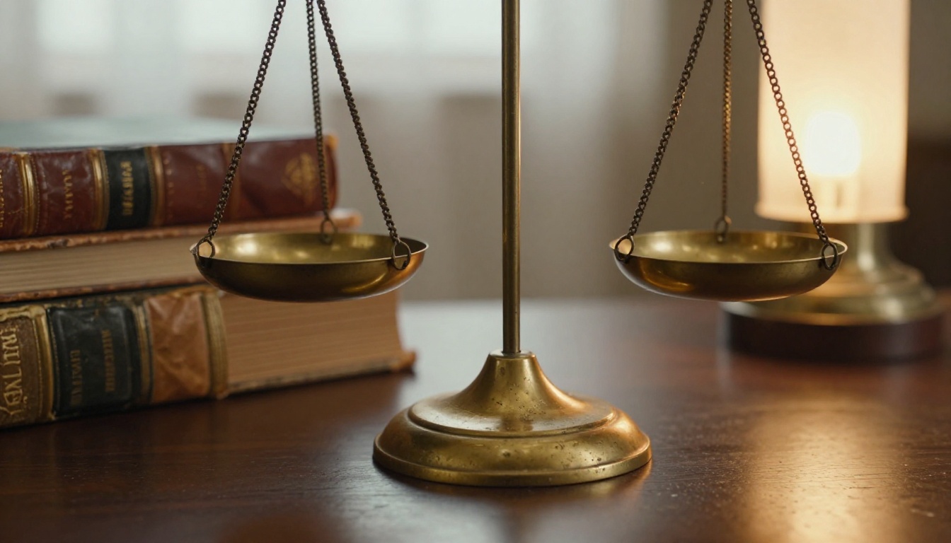 Aged brass balance scale beside a stack of law books on a walnut desk