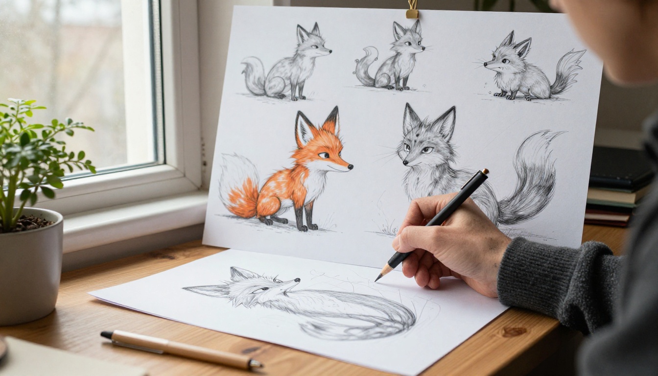 Illustrator sketching an original animal character design in pencil beside a bright window
