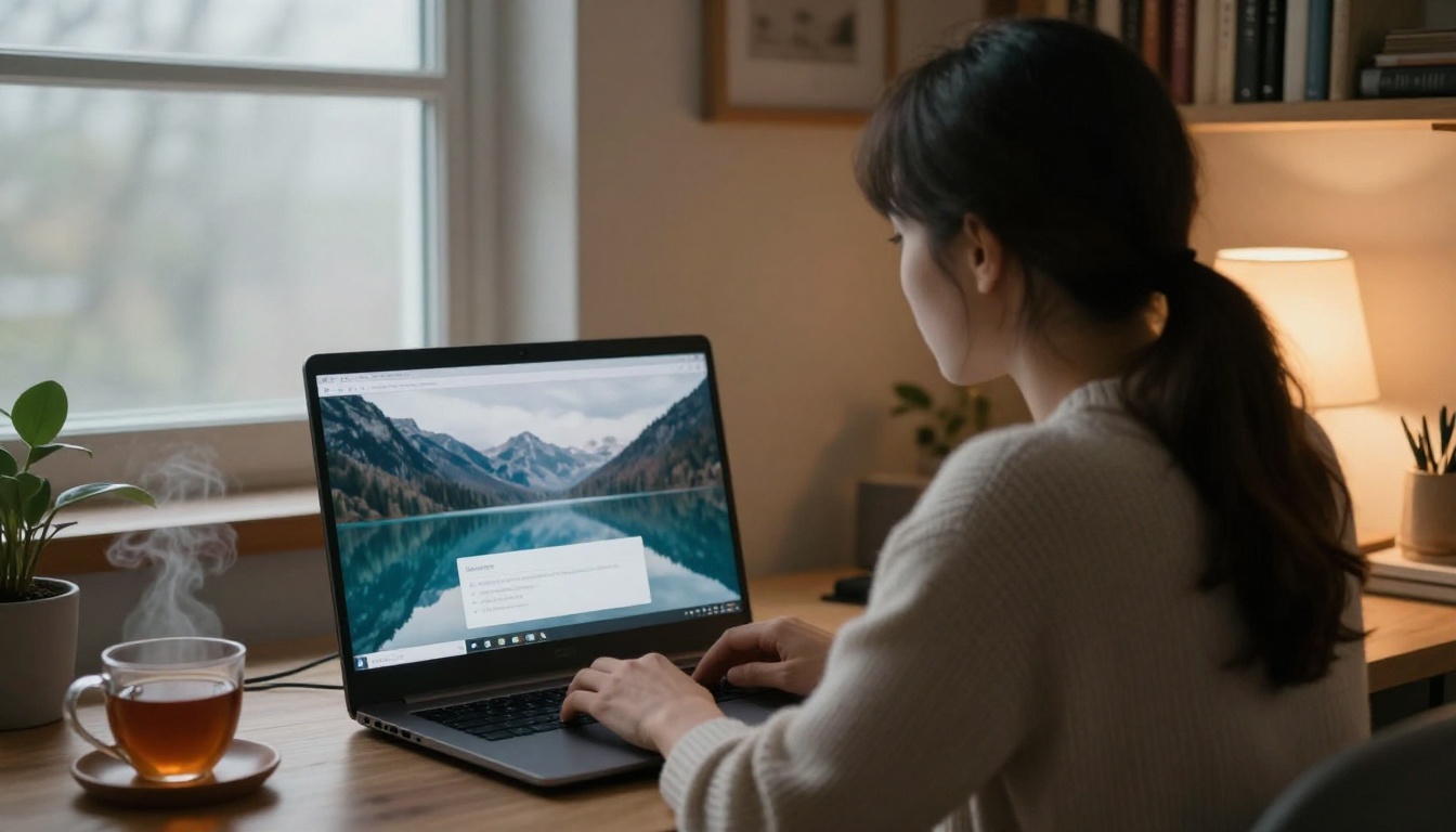 Woman at a laptop in a cozy home studio generating a mountain lake photograph