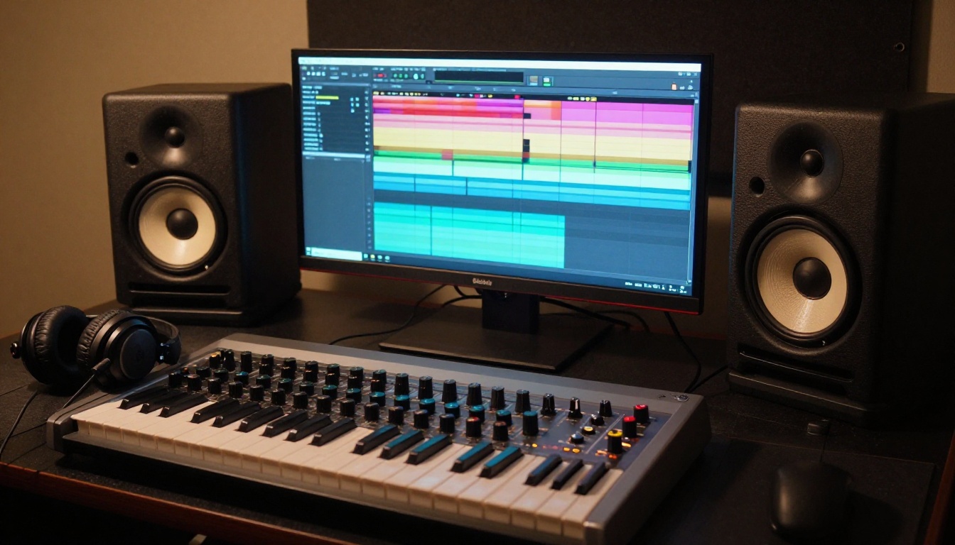 Post-production suite with studio monitors, a MIDI controller and headphones