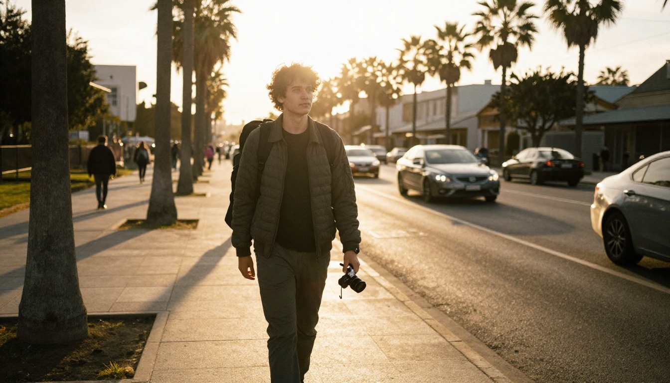 Young filmmaker walking along a palm-lined boulevard at golden hour with a camera bag