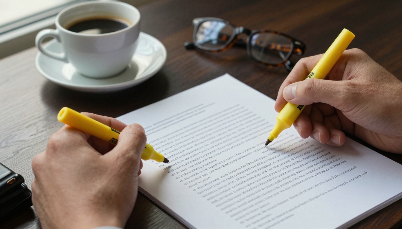 A lawyer's hands holding a yellow highlighter over a thick printed legal document on a walnut desk