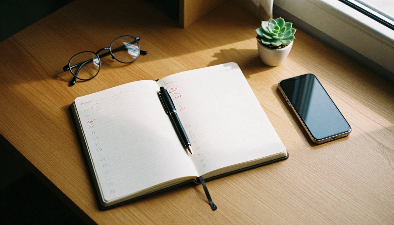 Overhead view of a wooden desk with a paper planner, two circled dates, a fountain pen and reading glasses