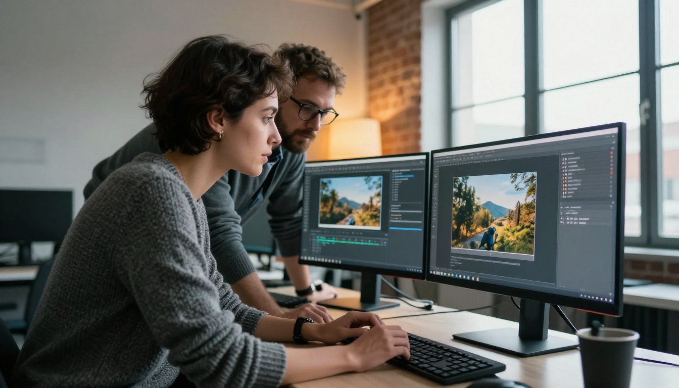 Two engineers inspecting a photograph's file properties on a dual-monitor workstation in a bright lab