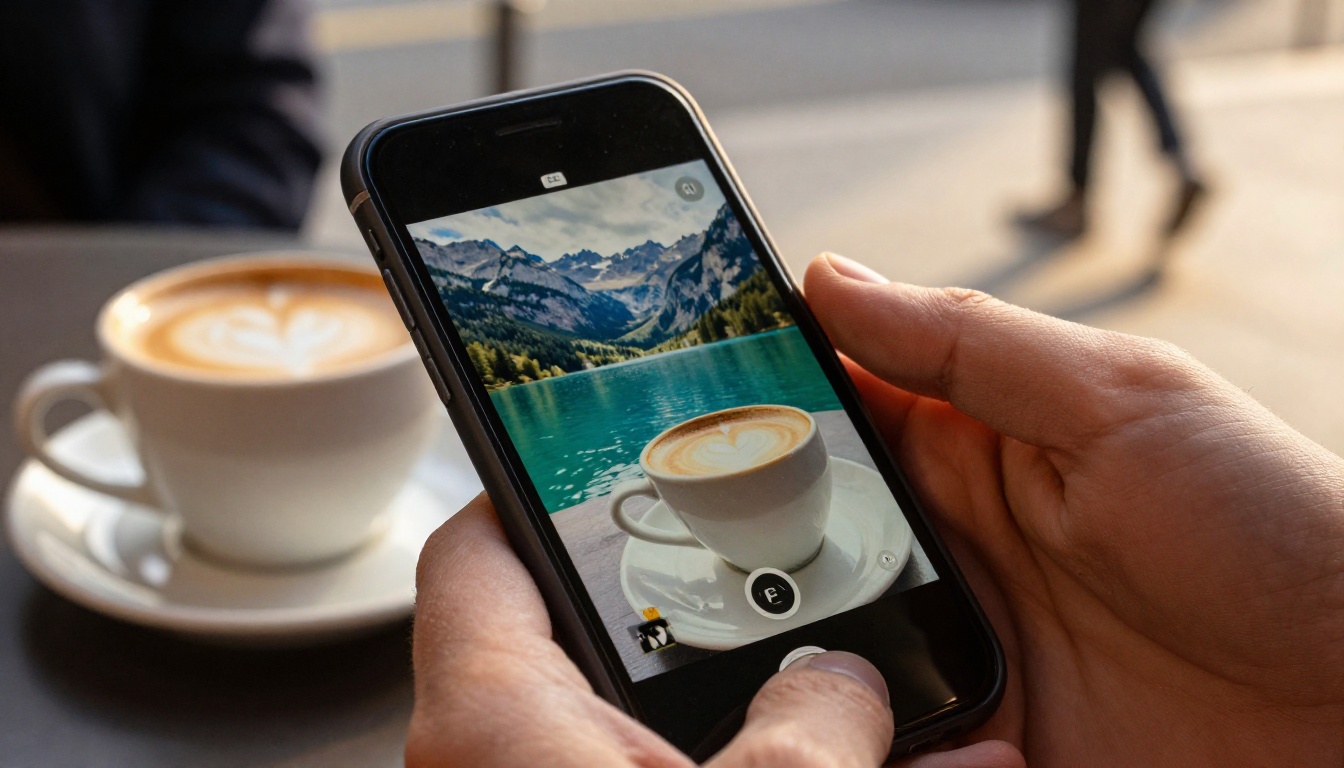 A hand holding a smartphone at a cafe table showing a mountain lake photo with a small AI label in the corner