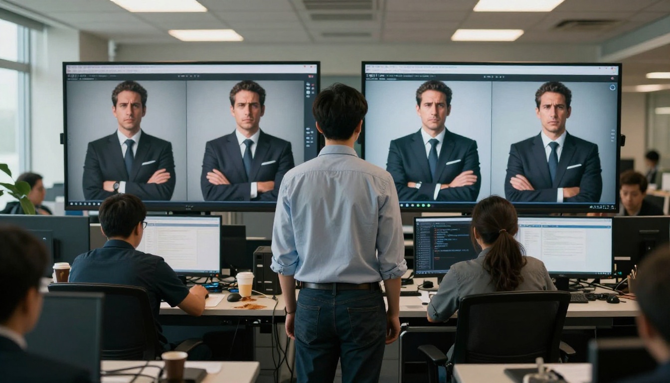 A newsroom editor standing between two monitors showing nearly identical portraits of a man in a suit