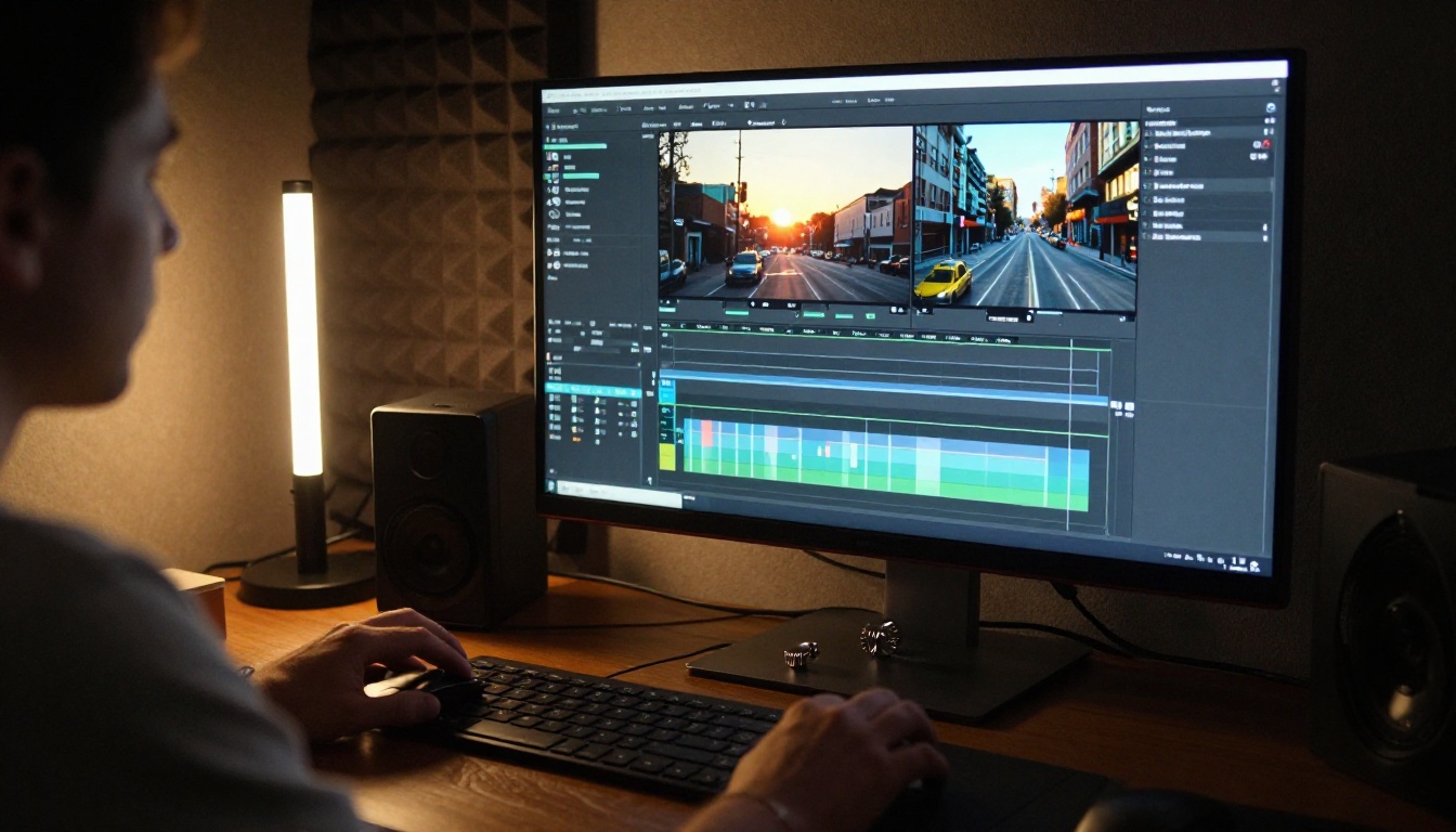 A video editor's hands on a grading panel in a dim post-production suite with a paused timeline on screen
