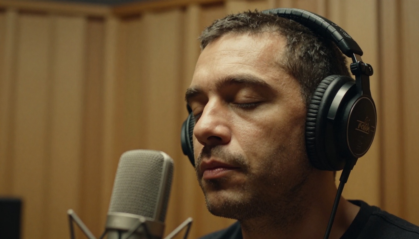 A music producer wearing studio headphones in a wood-paneled recording booth with a microphone in the foreground