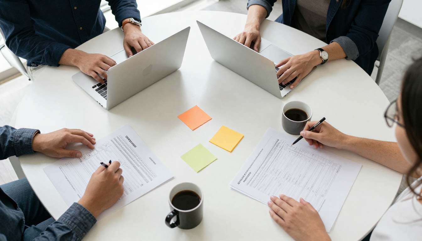 Four colleagues' hands around a shared white table with laptops, printed checklists and sticky notes
