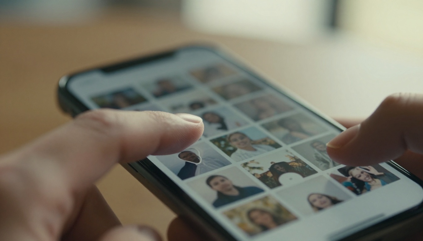A thumb hovering over a smartphone photo feed with a small tag under one picture