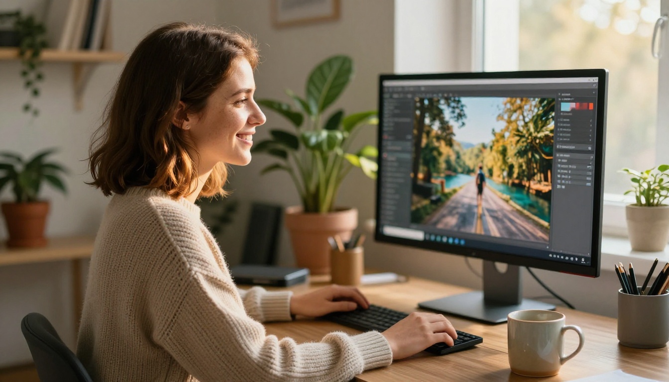 A smiling freelancer at a sunlit home studio desk looking at a large monitor with a travel photograph