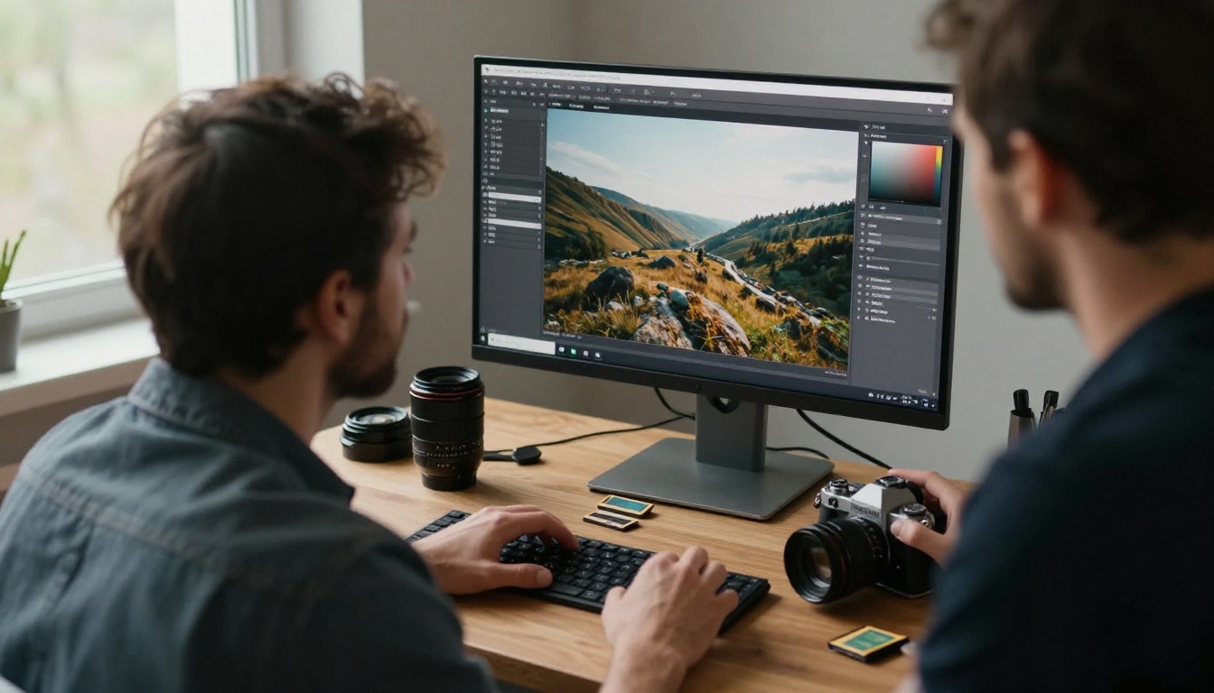 A photographer inspecting an image on a calibrated studio monitor