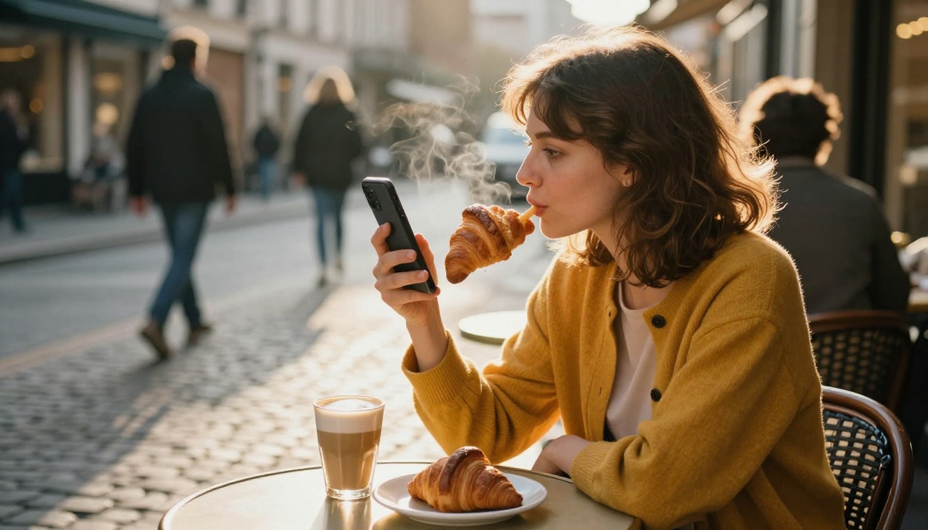 A woman photographing her latte and croissant at a sidewalk café table