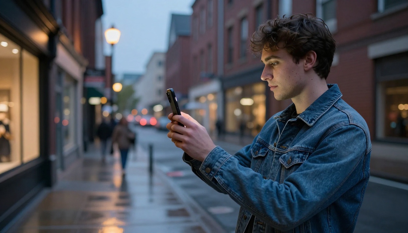 A young man filming a vertical clip of himself on a city sidewalk at dusk