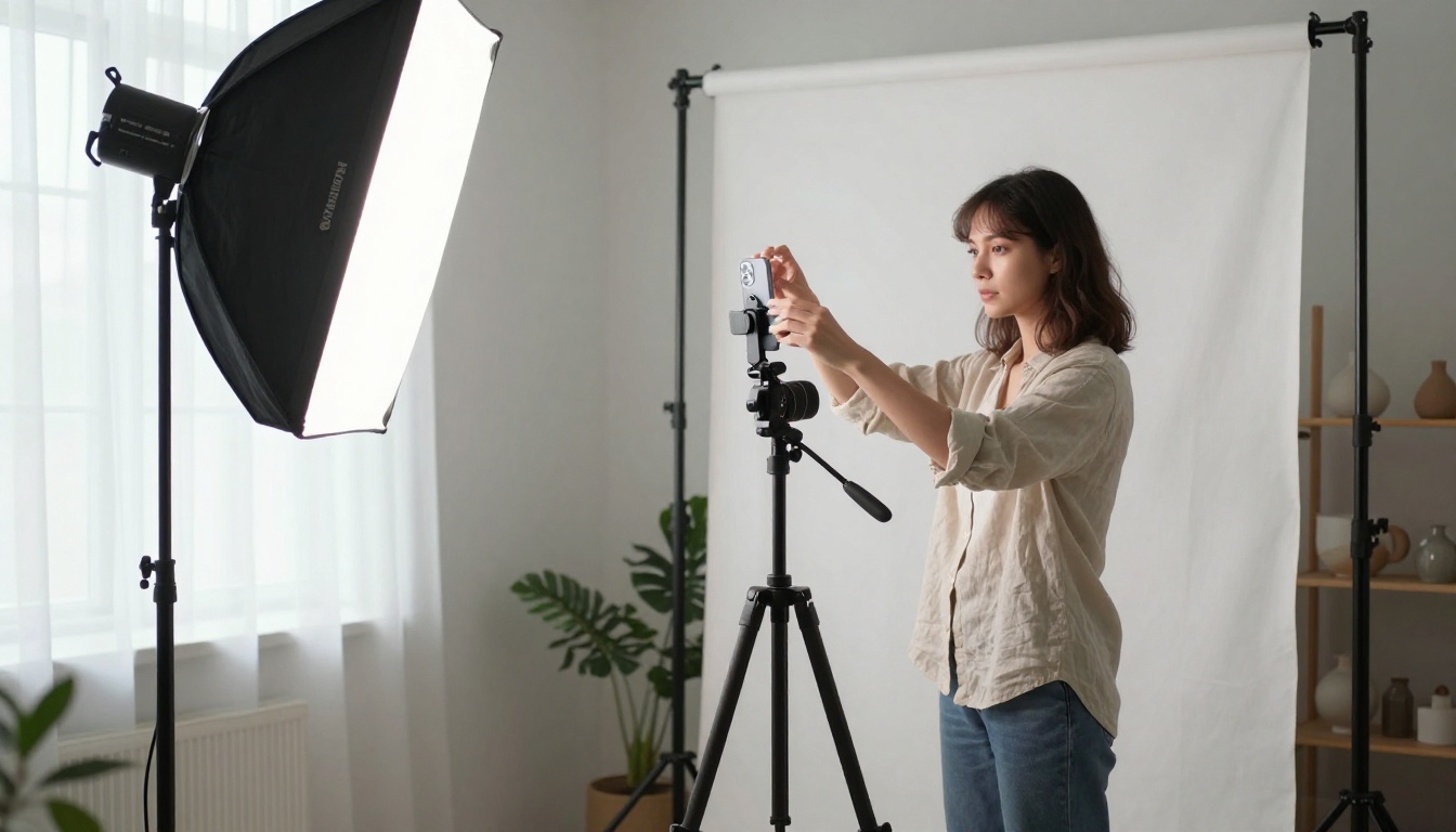 A content creator adjusting a phone on a tripod in a small home studio