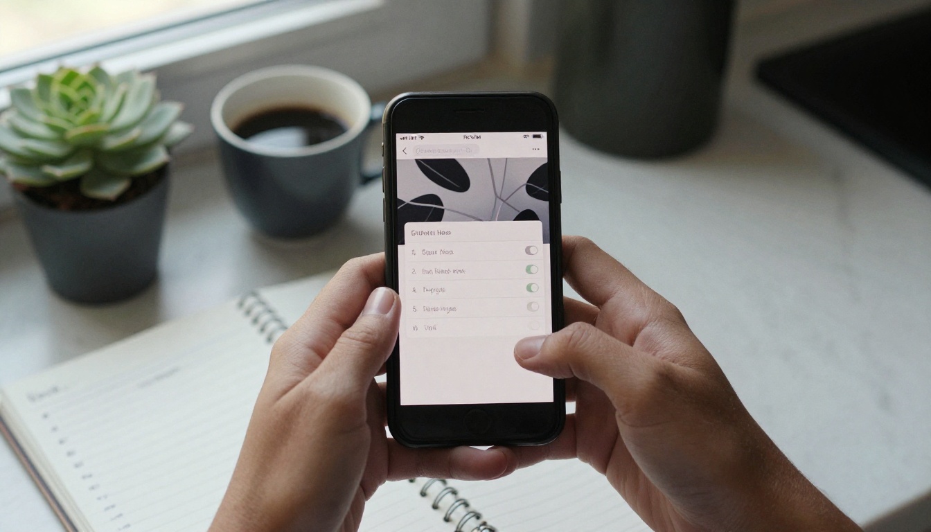 Two hands holding a smartphone over a kitchen counter with a notebook checklist