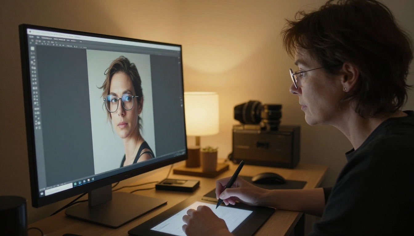 A retoucher working on a portrait photo at a large desktop monitor