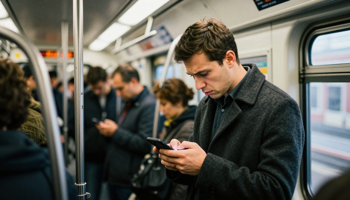A commuter in a charcoal coat scrutinizing his phone on a crowded subway train