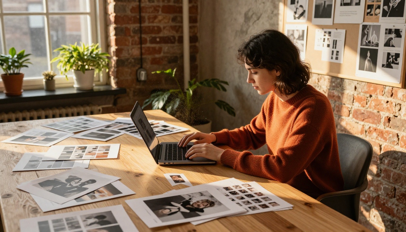 A designer at a wooden desk with printed photo proofs and an open laptop at golden hour