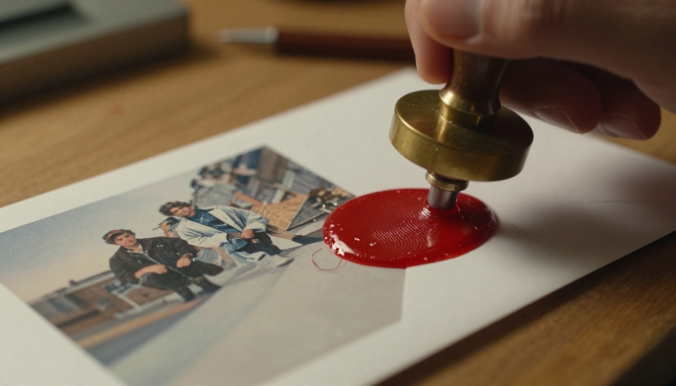 Hand pressing a brass stamp into red wax on an envelope holding a printed photograph