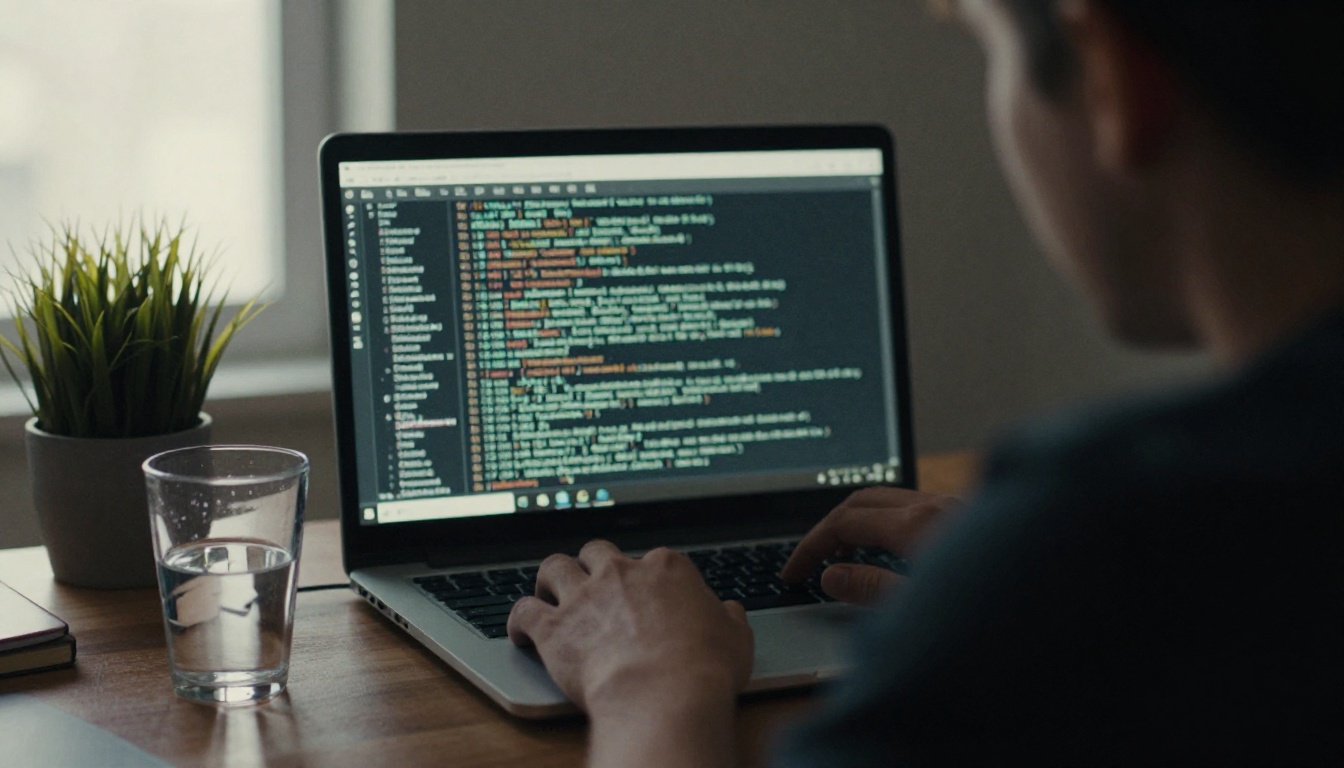 Developer working at a laptop in a dim home office with rows of code on the screen