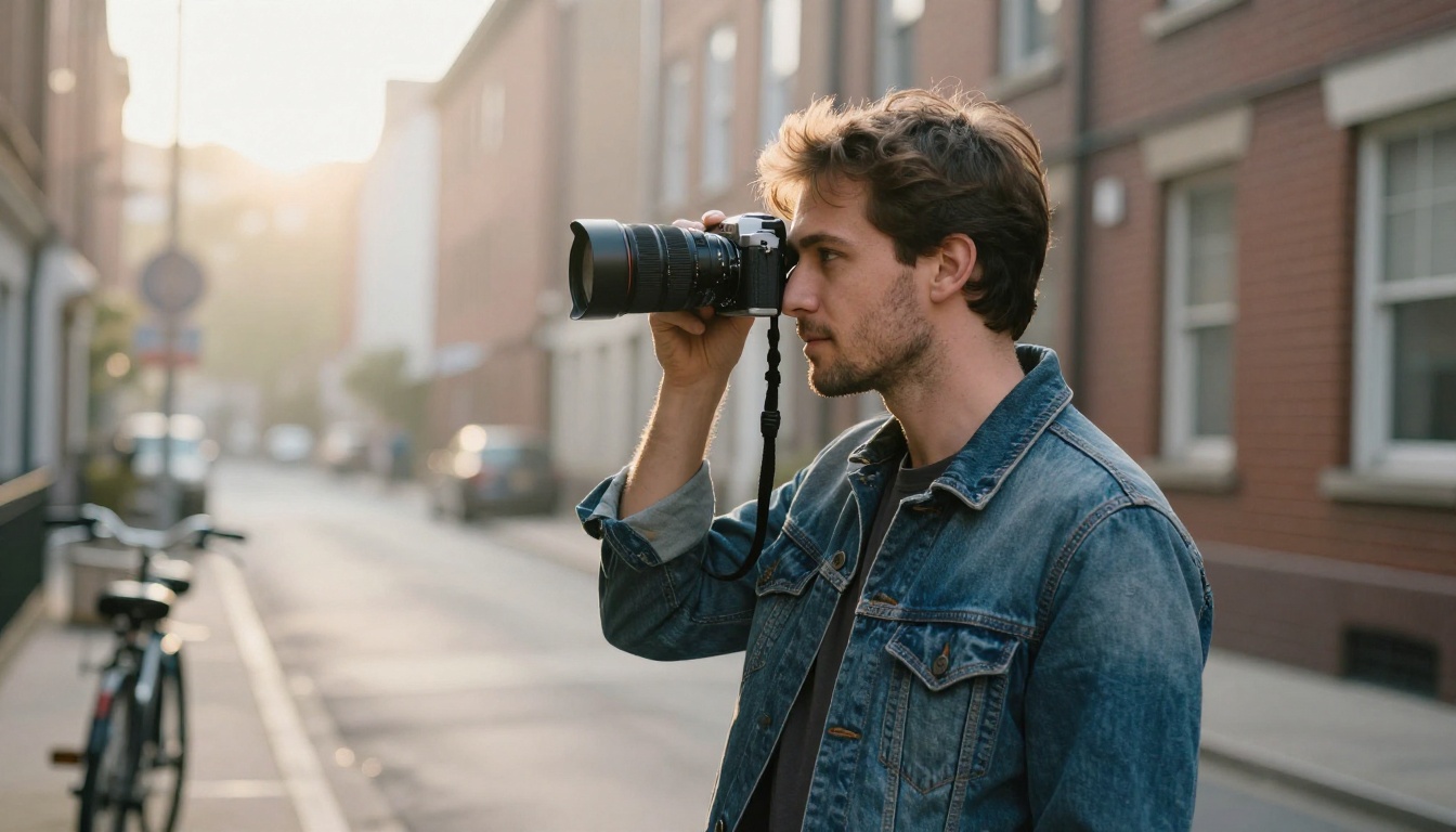 Street photographer raising a mirrorless camera to his eye on a quiet city corner at sunrise