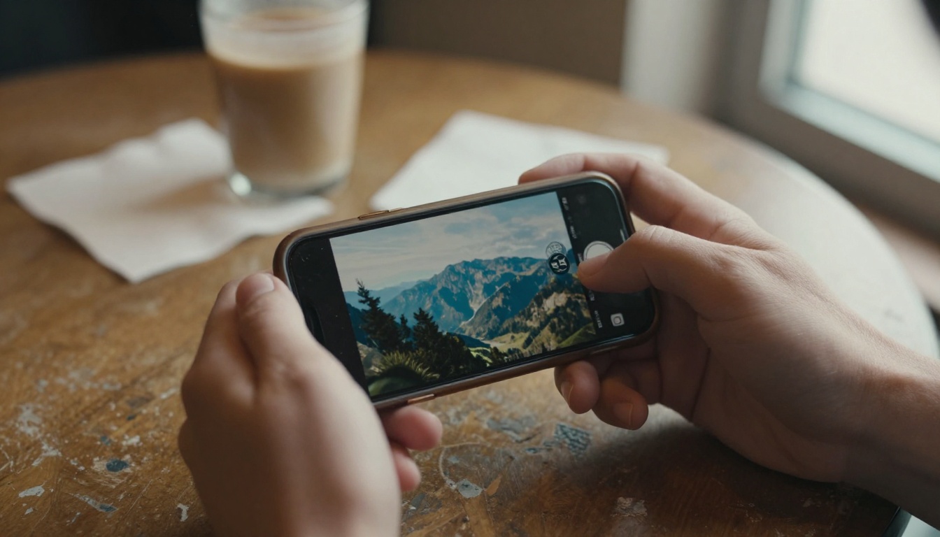 Two hands holding a smartphone that displays a mountain photograph with a small badge in the corner