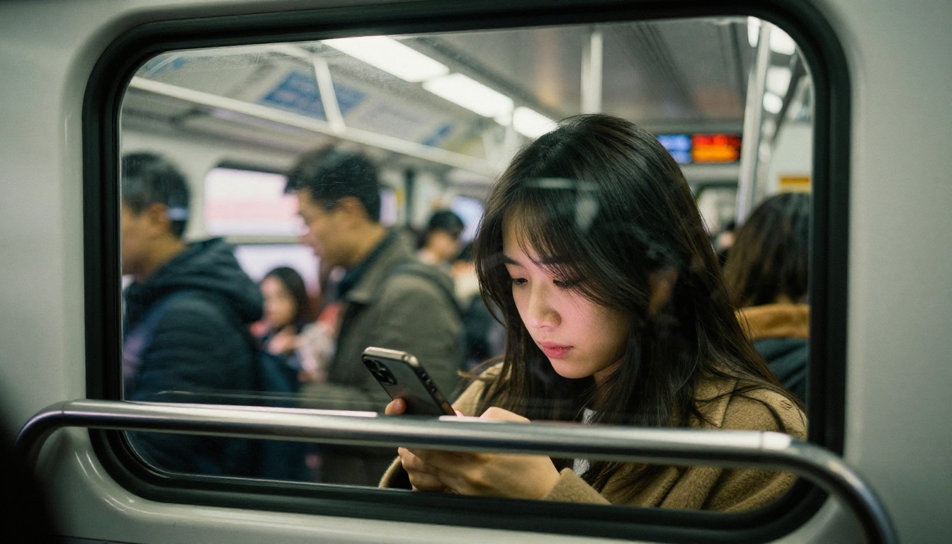 Young woman scrolling on her phone in a crowded subway carriage with blurred commuters behind her