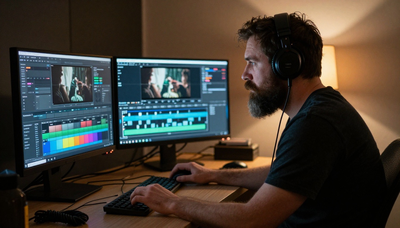 Bearded video editor seated before two monitors in a dim edit suite