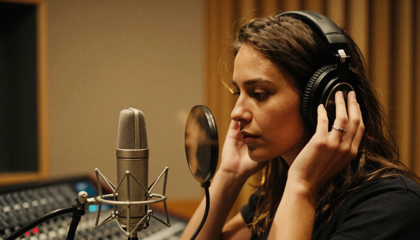 Female musician with headphones at a condenser microphone inside a warm recording booth