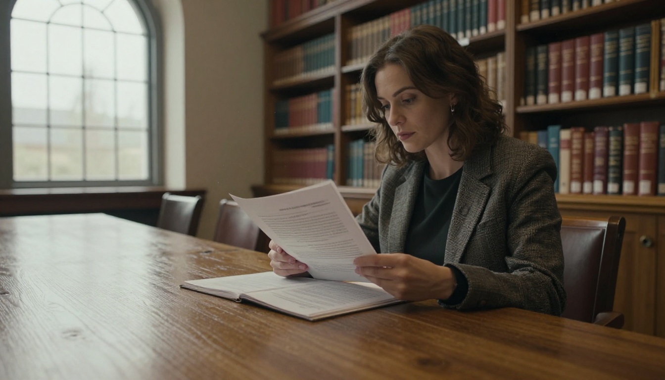 Woman reading a bound policy document at a long oak table in a quiet library