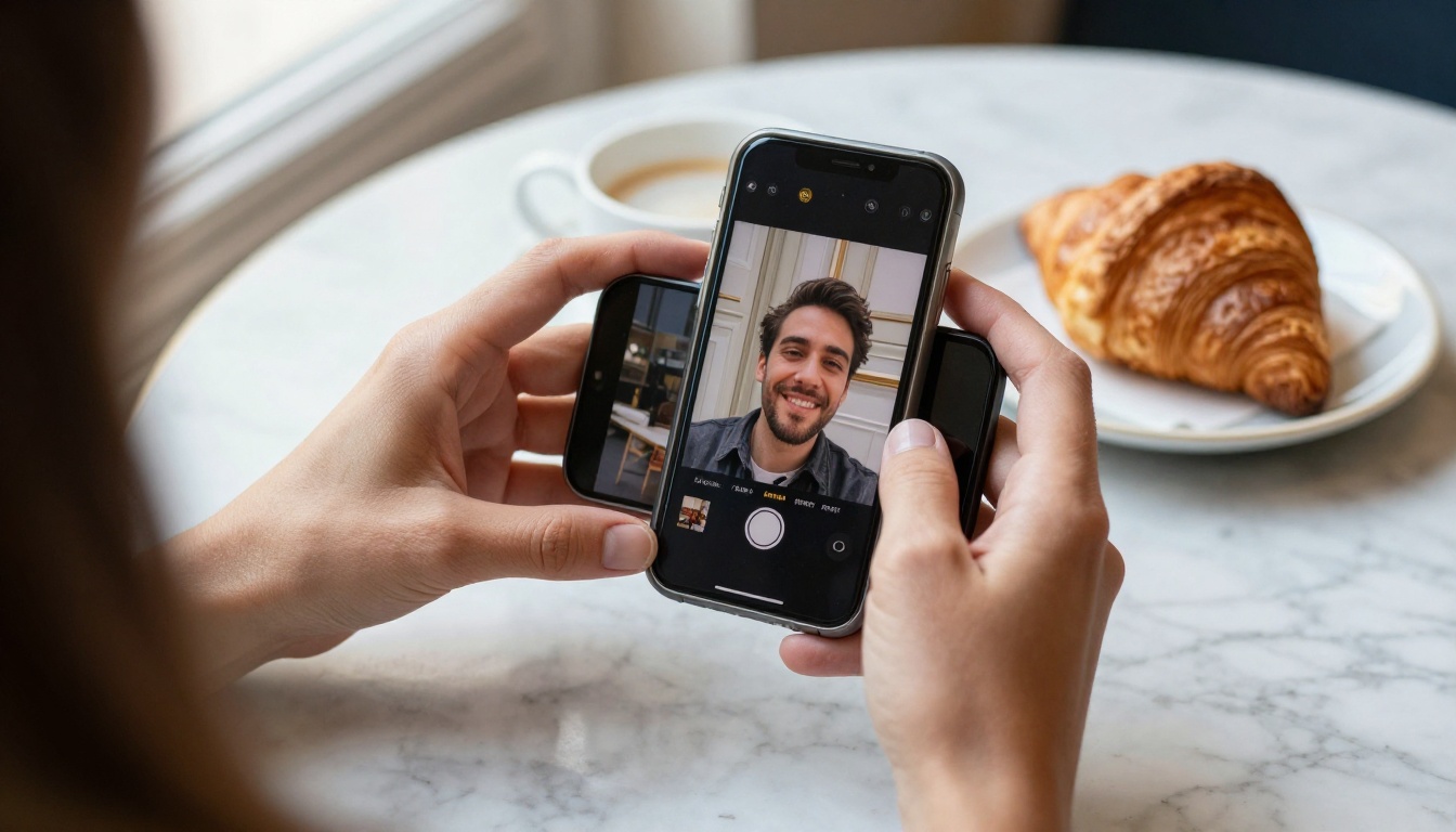 A woman's hands holding a smartphone while selecting a portrait photo to upload