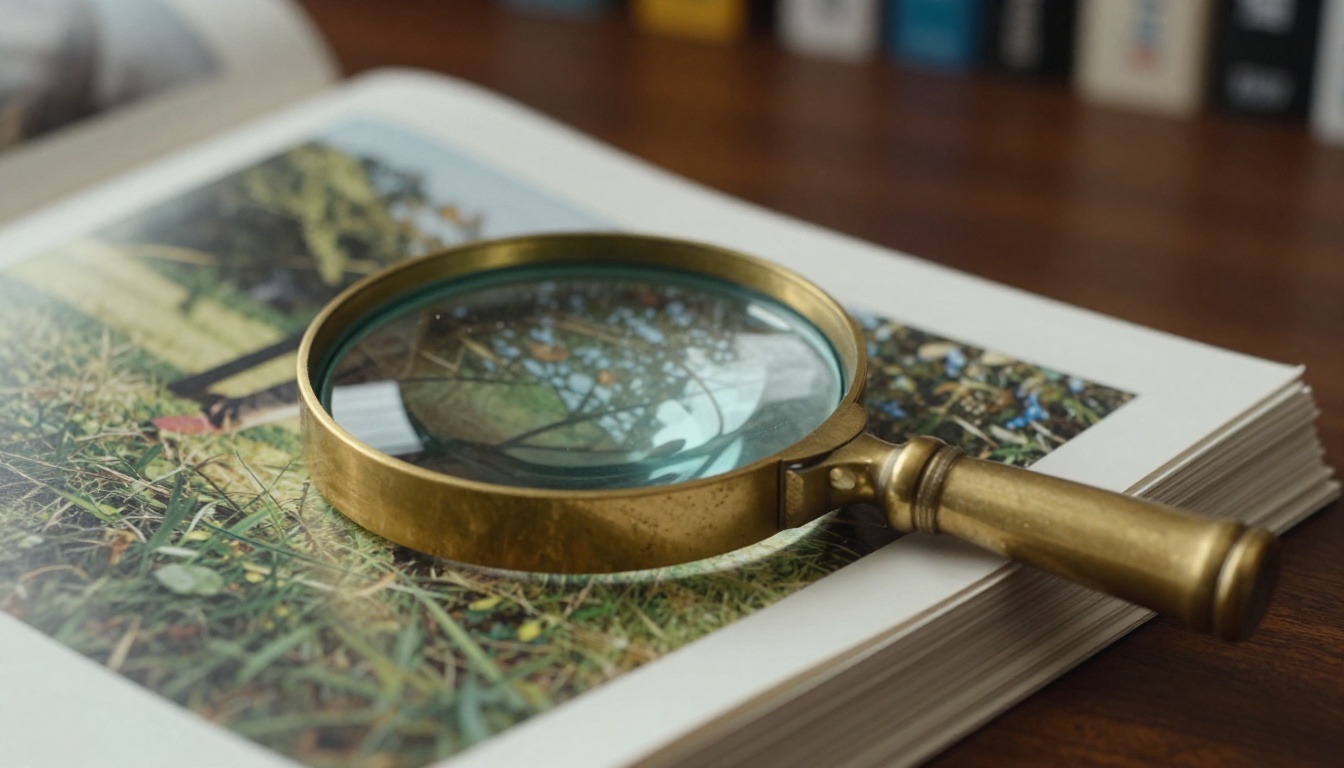 A brass loupe resting on printed photographs, a metaphor for inspecting a hidden watermark