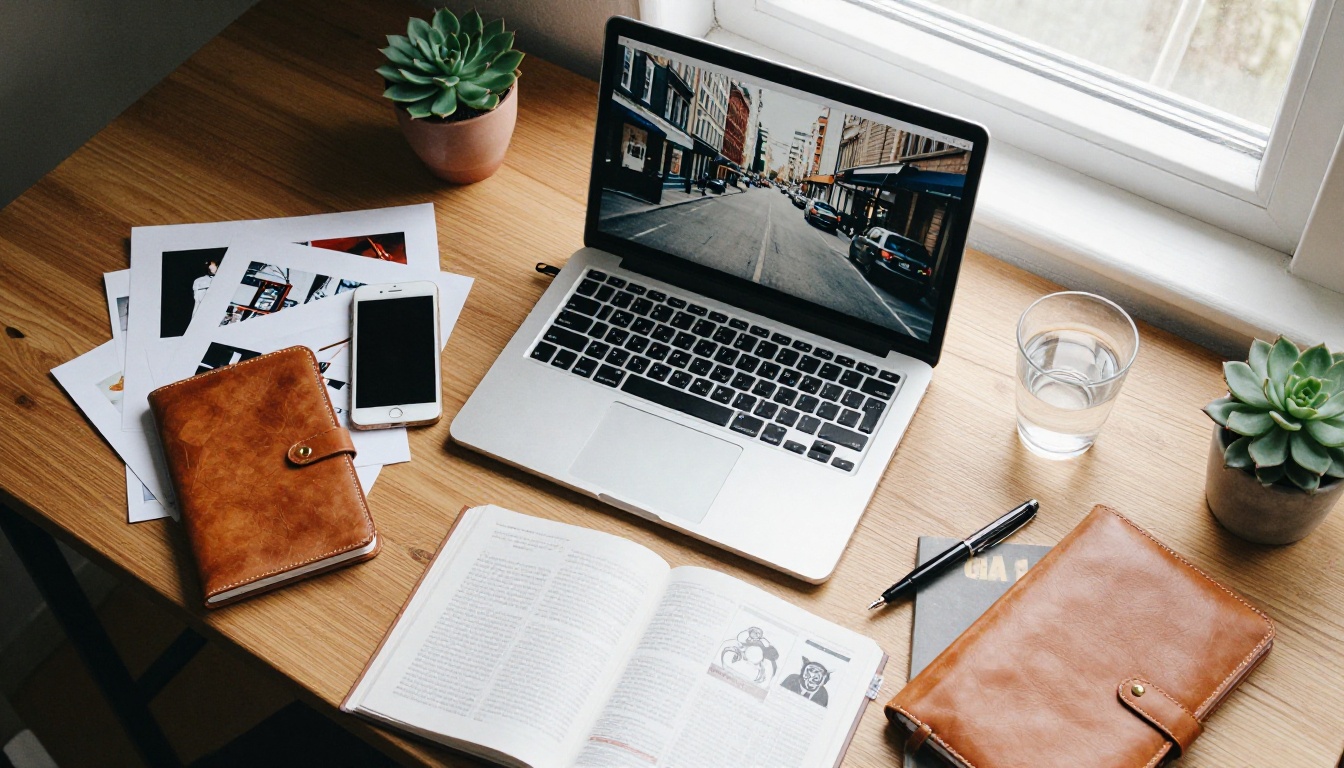 A tidy desk seen from above with a laptop, smartphone and printed photographs