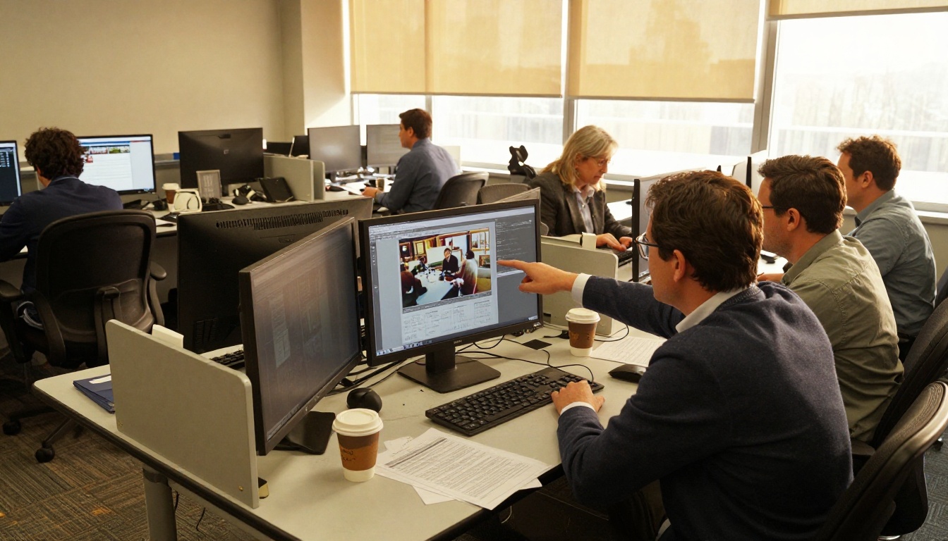 Three editors gathered around a large monitor reviewing a news photograph