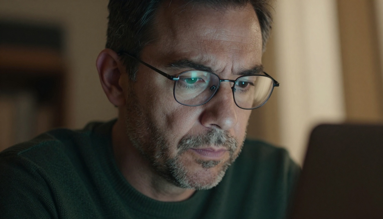 A man with graying stubble studying a laptop screen with a thoughtful squint