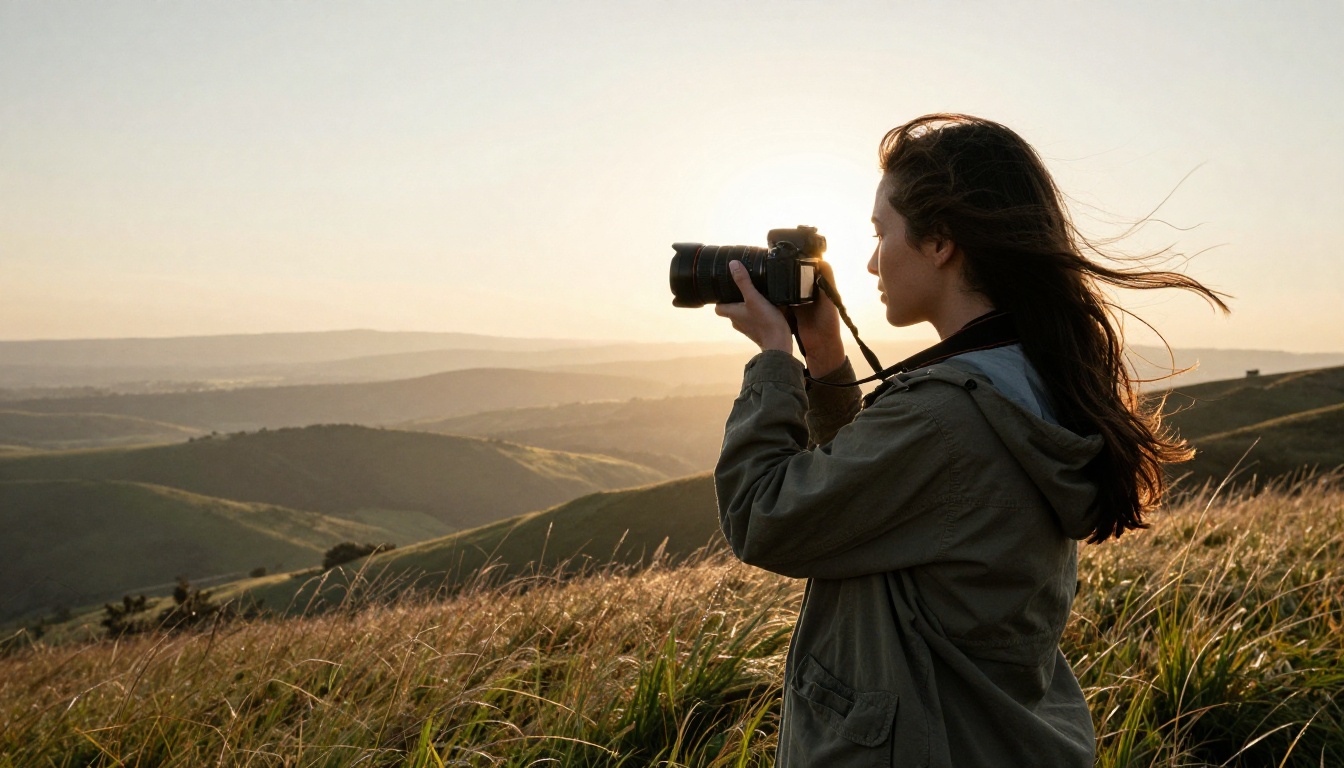 A photographer on a grassy hillside at golden hour holding a mirrorless camera