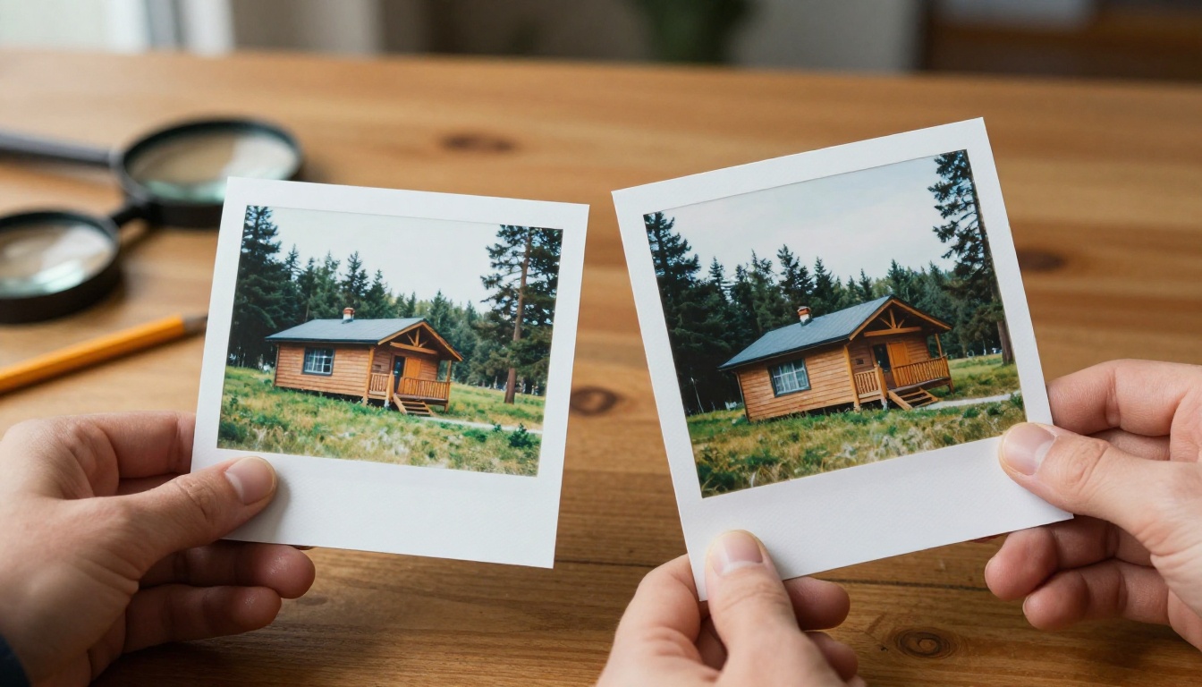 Two hands holding two printed photographs of the same cabin side by side for comparison