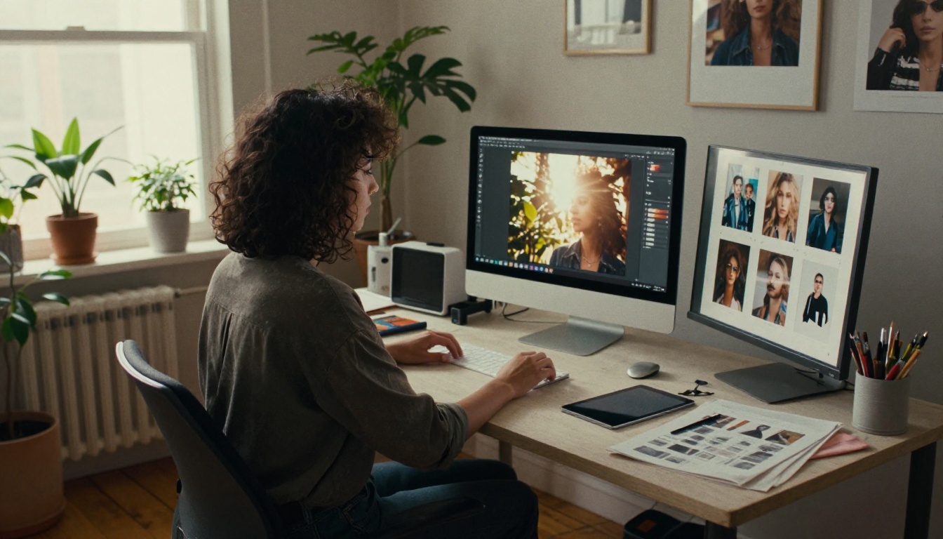 A designer working at a large monitor in a bright creative studio