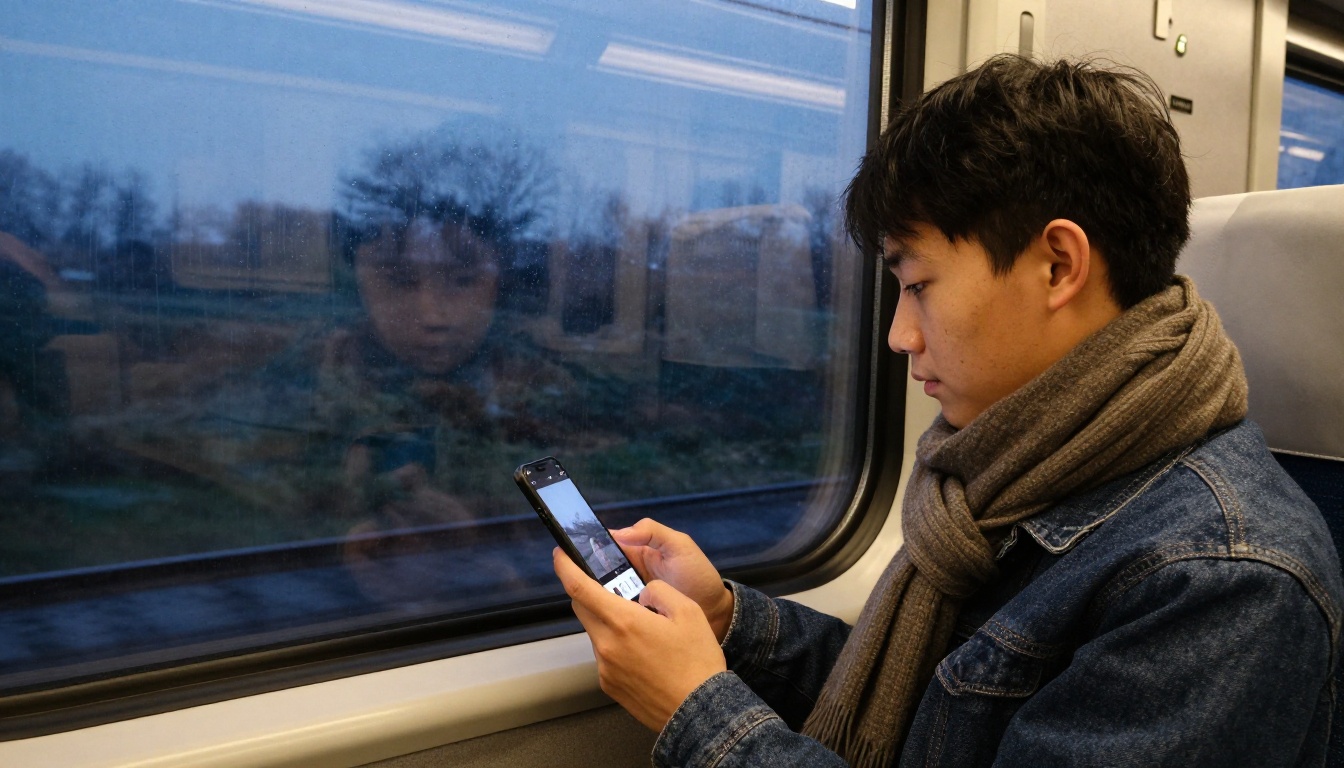 A young man on a night train looking at a photo on his smartphone