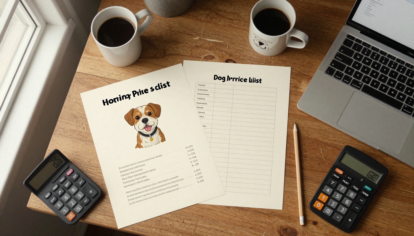 Vue de dessus d’un bureau en bois avec une liste de prix de toilettage pour chiens en brouillon, une calculatrice, un ordinateur portable et un café
