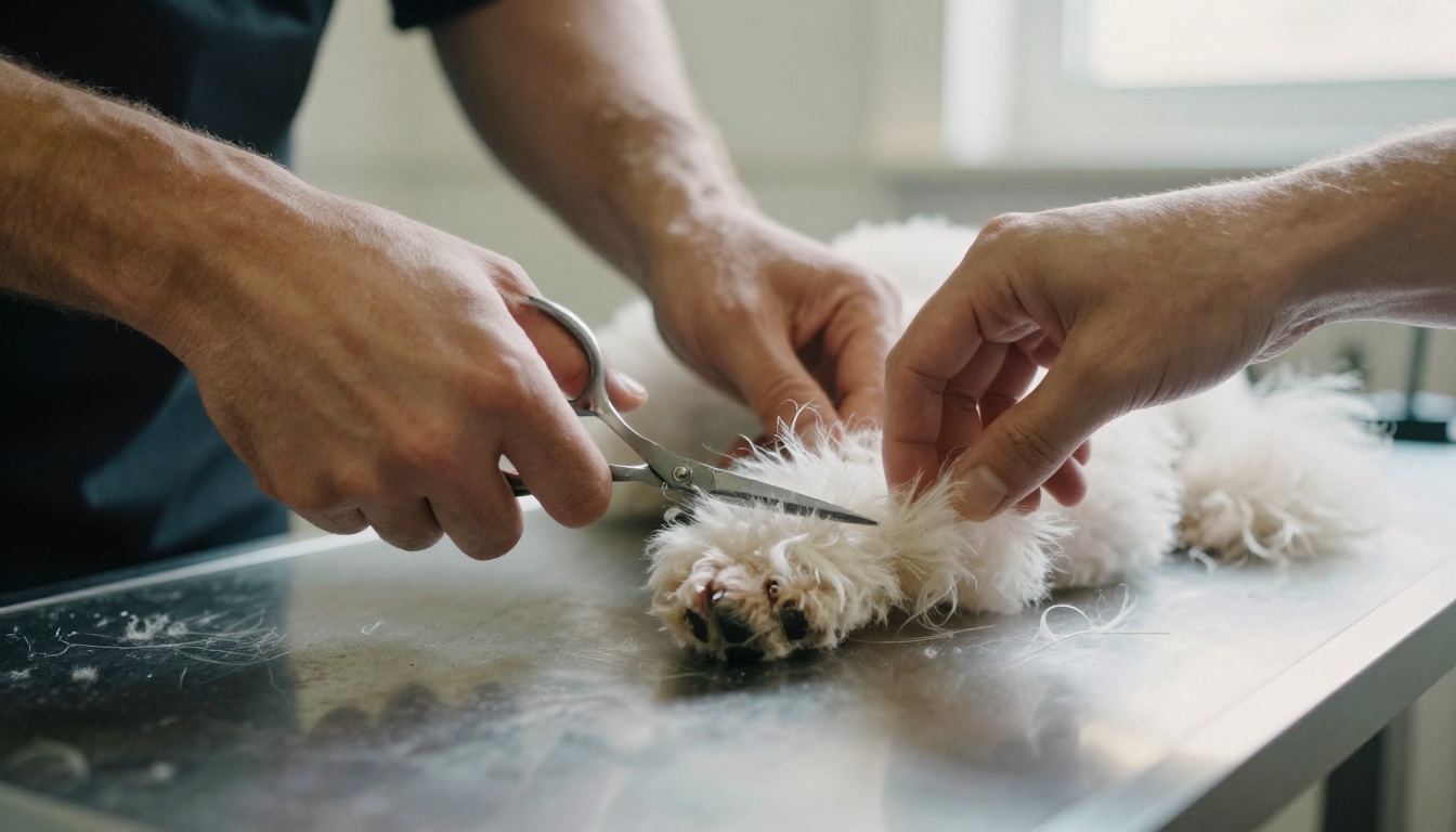 Gros plan des mains d’un toiletteur taillant les poils des pattes d’un petit caniche blanc avec des ciseaux fins