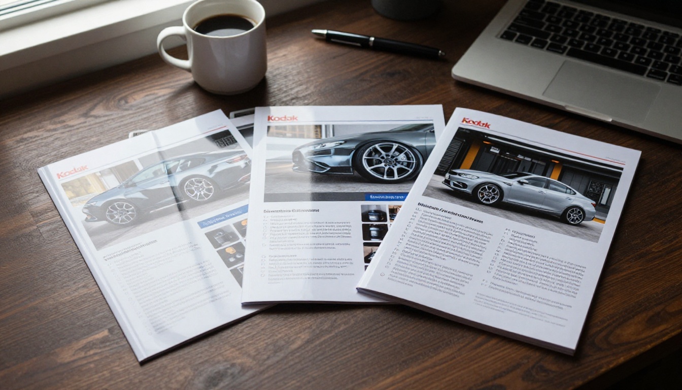 Três brochures impressos de estética automotiva espalhados em leque sobre uma mesa de nogueira