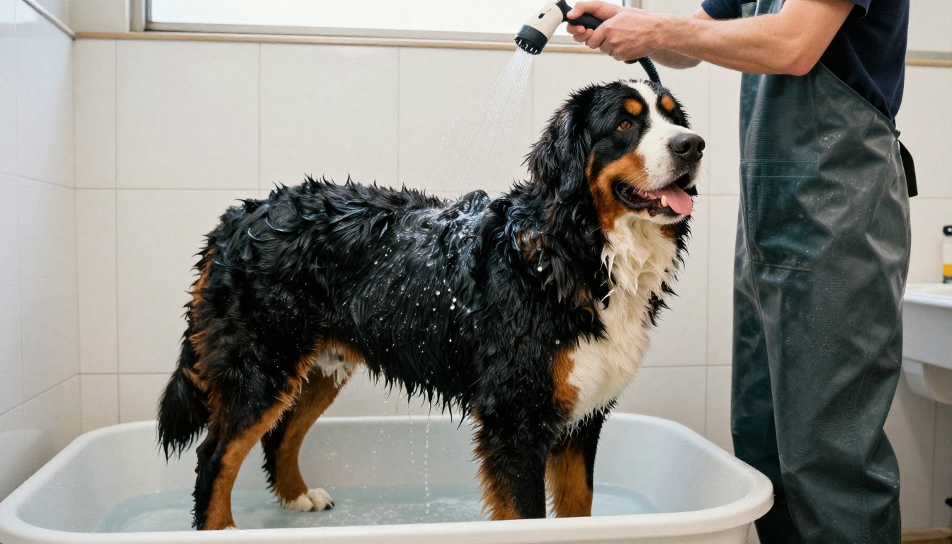 Grand bouvier bernois rincé dans une baignoire de toilettage par un toiletteur qui tient un pulvérisateur à main
