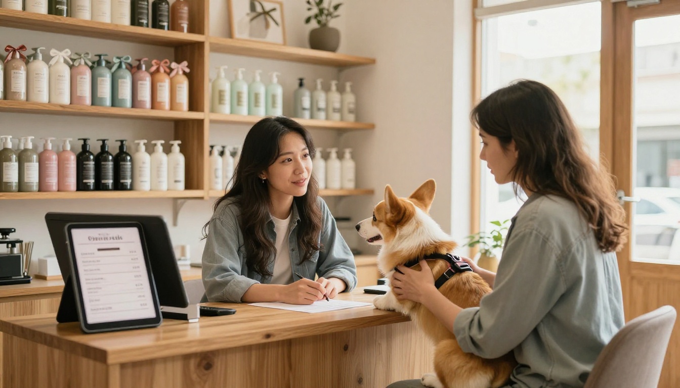 Propriétaire de salon discutant avec une cliente qui tient un corgi, à un comptoir d’accueil où une tablette affiche la carte des services