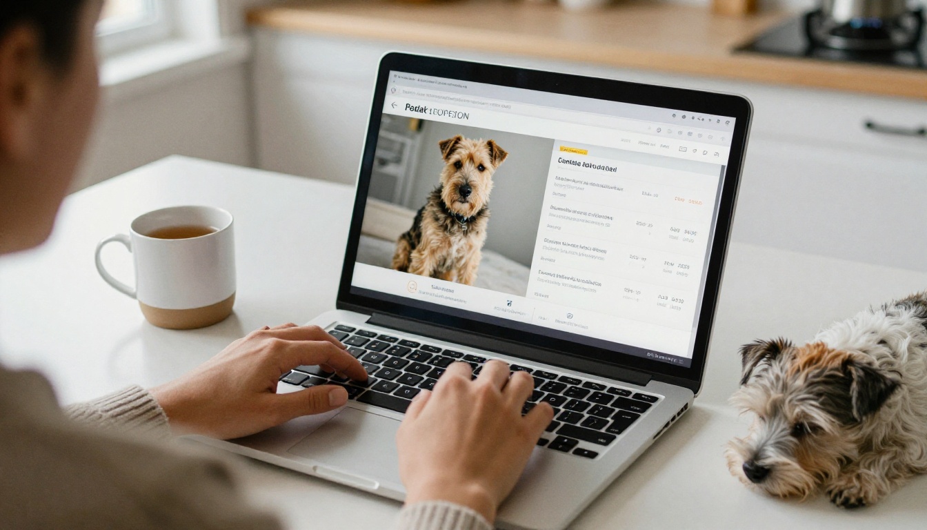 Personne assise à une table de cuisine, utilisant un ordinateur portable avec une liste de prix numérique à effet de feuilletage, pendant qu’un petit terrier dort à proximité