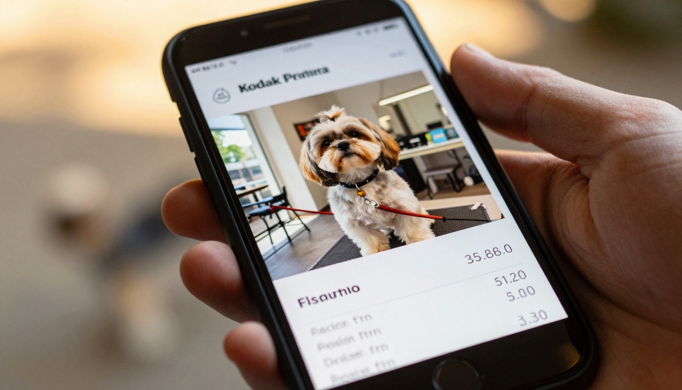 Gros plan d’un écran de smartphone affichant une liste de prix numérique à effet de feuilletage pour un toiletteur de chiens